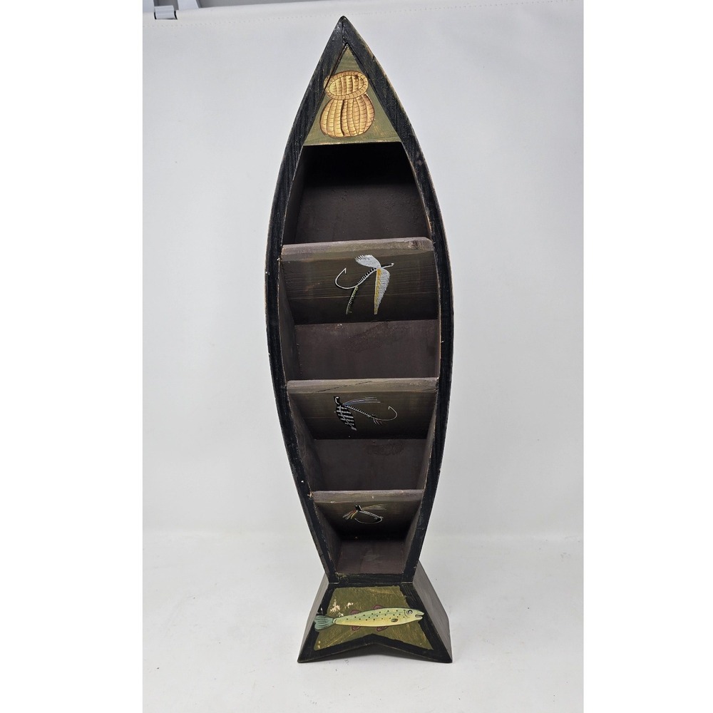 Vtg wood fish letter holder wall decor brown rustic lodge cabincore fishing